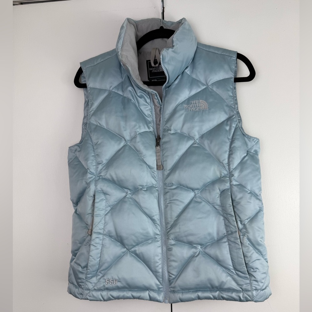 The North Face 550 Down Puffer Vest Ice Blue Fleece Collar Small EUC